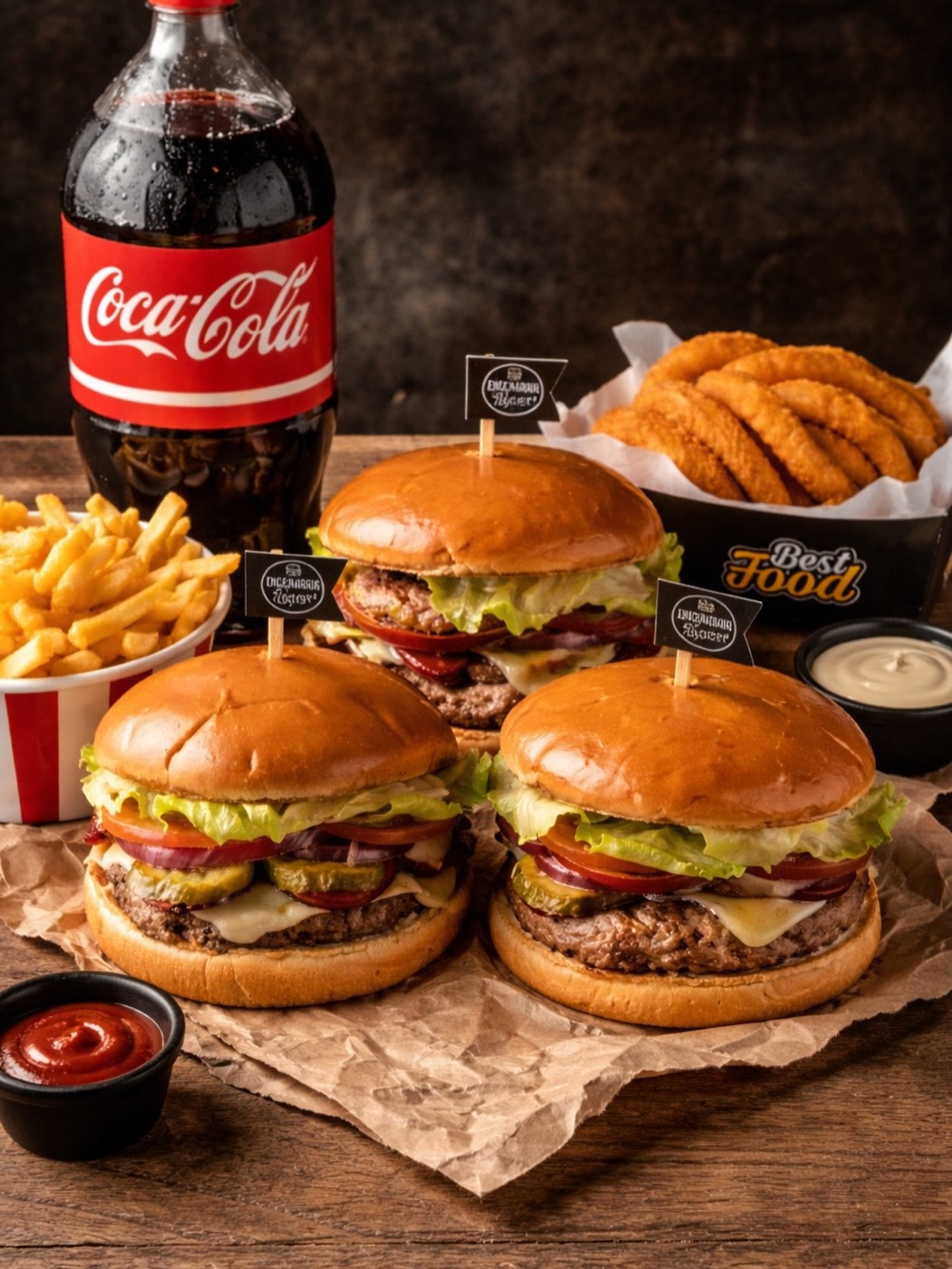 Trio de burgers artesanais com Coca-Cola e fritas