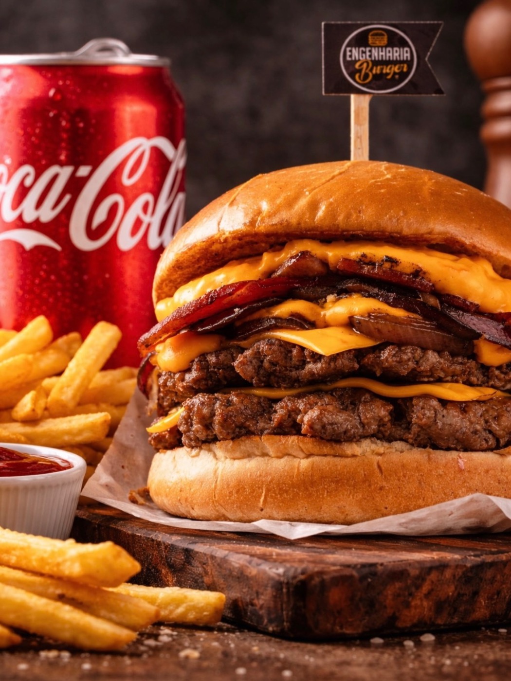 Smash burger duplo da Engenharia Burger com fritas e Coca-Cola